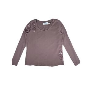 Aventura Organic Cotton embroidered mocha brown pullover waffle knit top Sz M